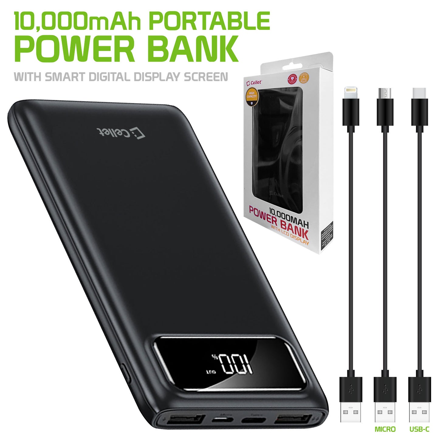 10,000mAh Portable Power Bank with Smart Digital Display Screen Compatible with iPhones Samsung Galaxy, Note, Motorola Moto, Google Pixel - Black