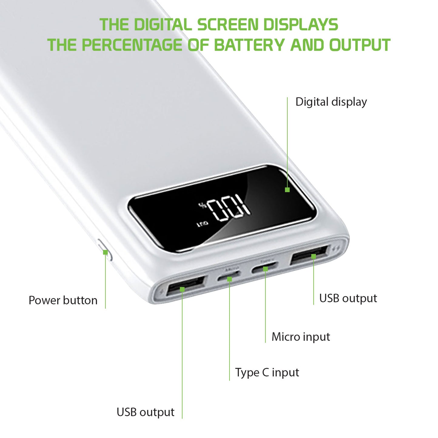 10,000mAh Portable Power Bank with Smart Digital Display Screen Compatible with iPhones Samsung Galaxy, Note, Motorola Moto, Google Pixel - White
