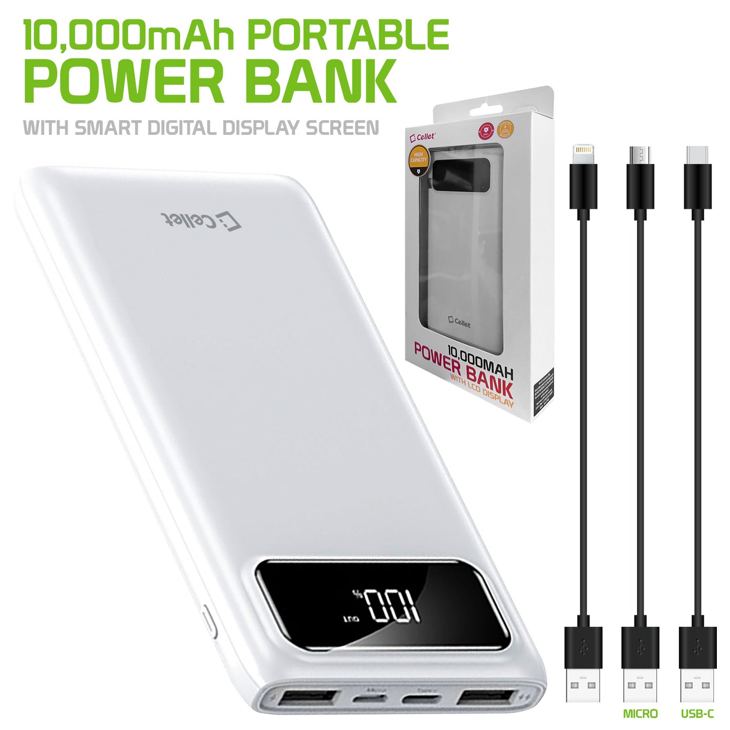 10,000mAh Portable Power Bank with Smart Digital Display Screen Compatible with iPhones Samsung Galaxy, Note, Motorola Moto, Google Pixel - White