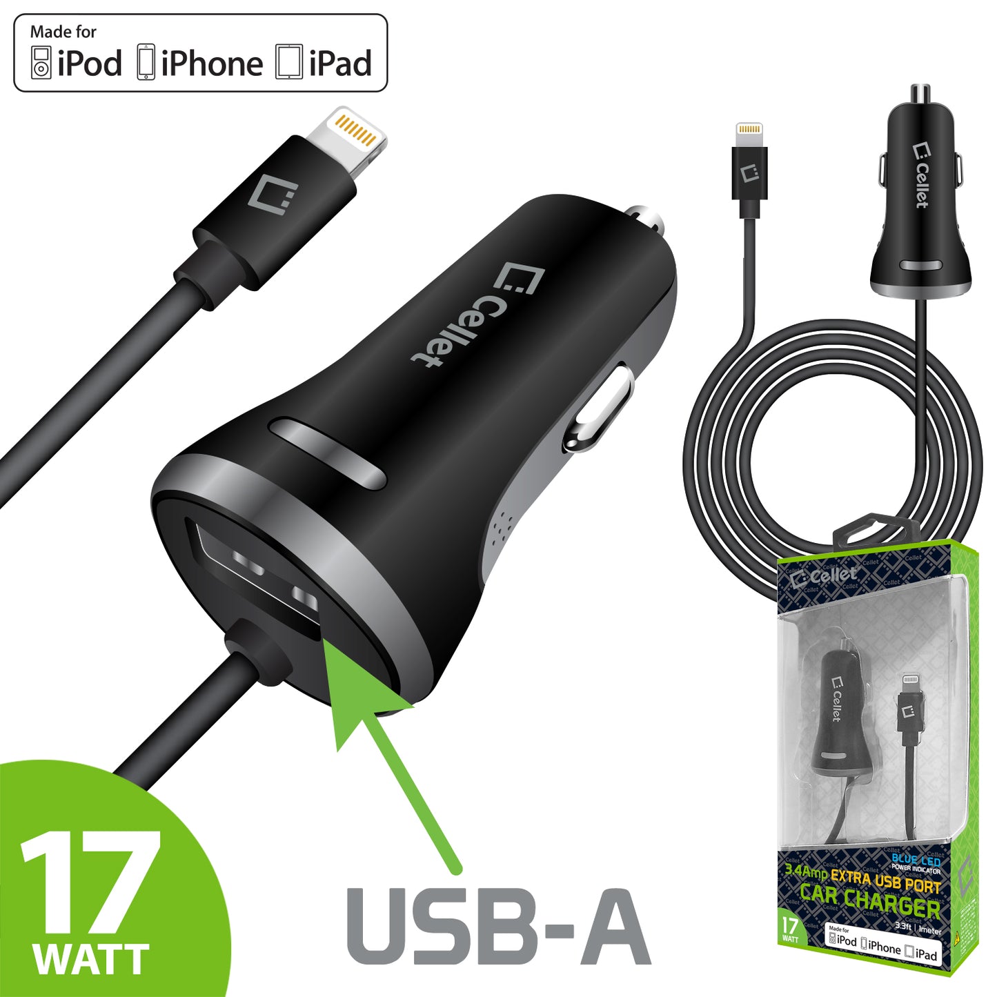 PAPP8H34BK - MFI Certified Lightning Car Charger 3.4 Amp with USB Port